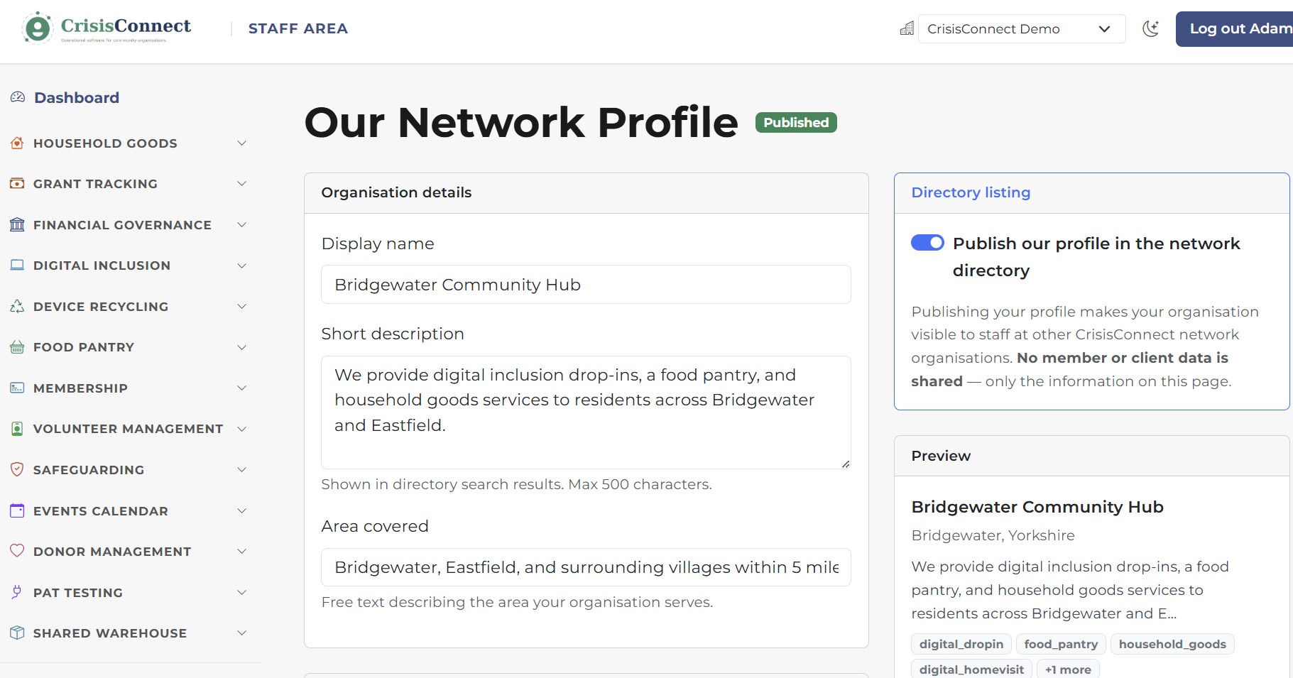 networkConnect showing the network directory, consent-led referrals and regional intelligence